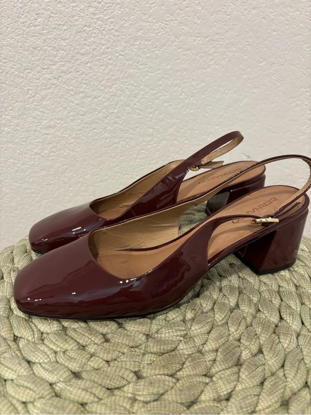 Bernardo Alexia Deep Burgundy Patent Leather Slingback Block Heel Pumps
